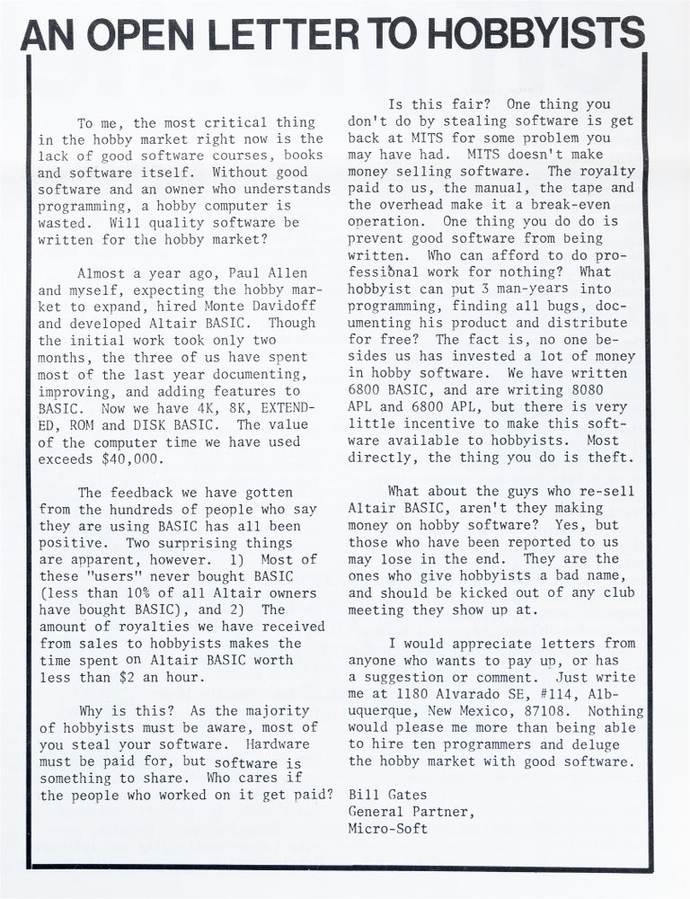 Item #1013 An Open Letter to Hobbyists; in Computer Notes. Bill Gates.