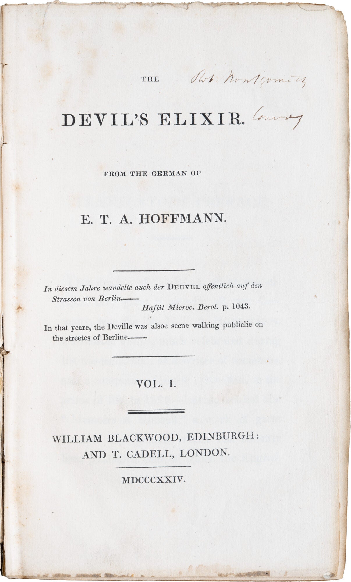 The Devil's Elixir | E. T A. Hoffmann | First Edition