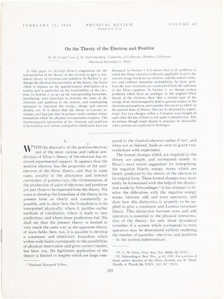Item #1181 On the Theory of the Electron and Positive; FromThe Physical Review, vol. 45, February...