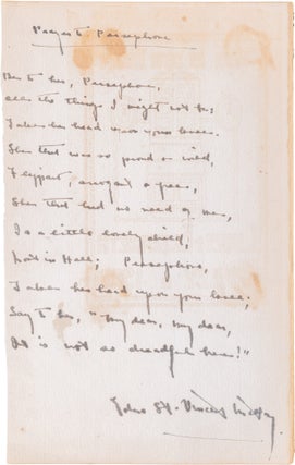 Item #1278 "Prayer to Persephone" Manuscript Poem, Signed. Edna St. Vincent Millay