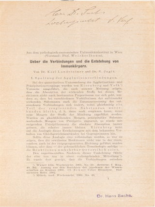 Six Offprints on Immunochemistry, Inscribed to Hans Sachs