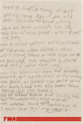 Item #251 Manuscript of Man on the Street. Bob Dylan