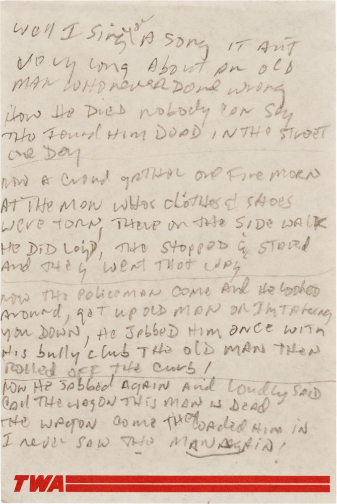 Item #251 Manuscript of Man on the Street. Bob Dylan.
