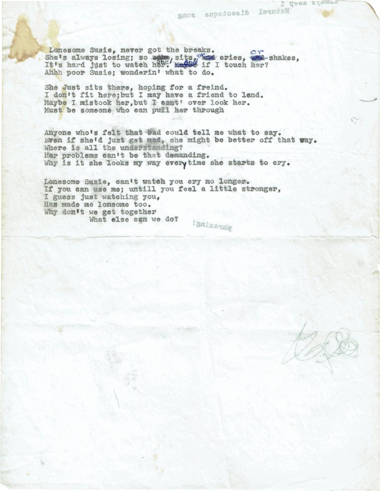 Item #328 Typed Manuscript Lyrics for "Lonesome Susie" The Band.