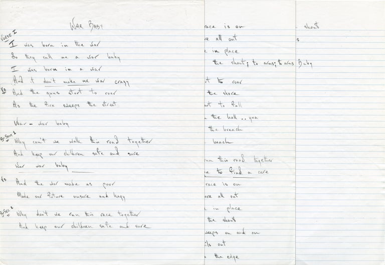 Item #60 Handwritten Manuscript Lyrics of War Baby. Mick Jagger.